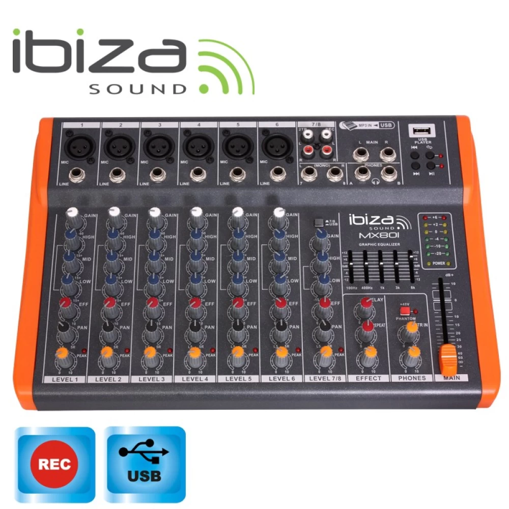 Επαγγελματικός Μίκτης-κόνσολα ήχου Ibiza 8 καναλιών USB MX801