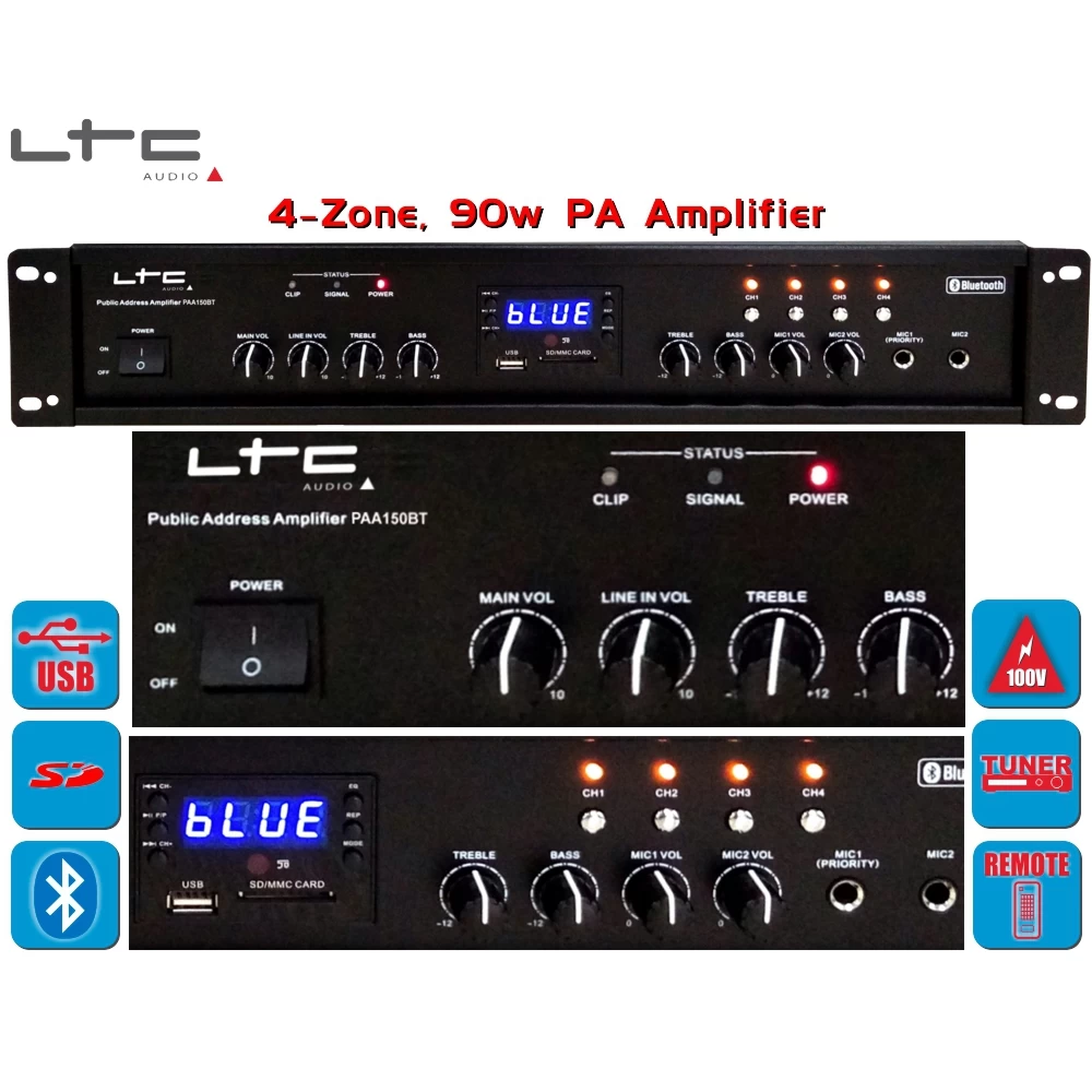 Ενισχυτής PA 4 ζωνών 90w ραδιόφωνο & Bluetooth LTC PAA150BT 