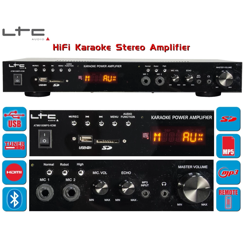 Ενισχυτής ραδιόφωνο karaoke 2x100w MP5, HDMI Video, USB/SD, Bluetooth & 2 μικρόφωνα LTC ATM6100MP5