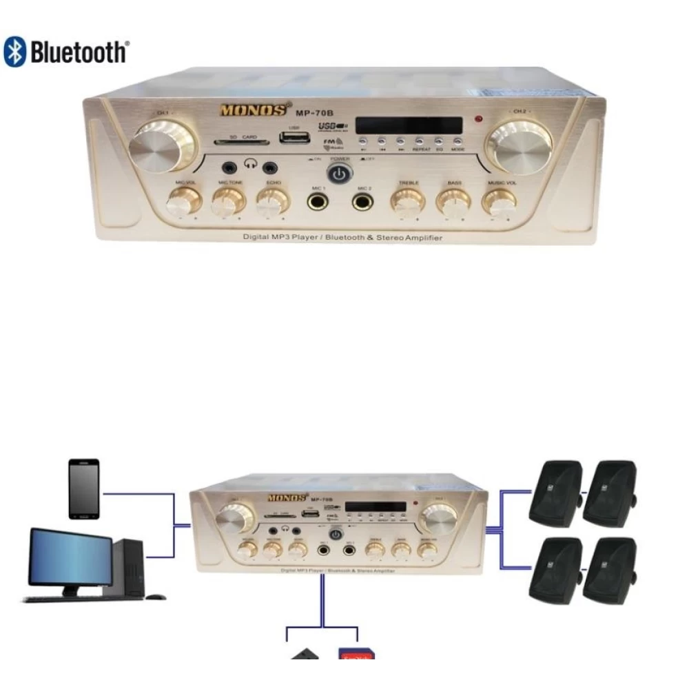 Ενισχυτής Hi-Fi 2 x 80 W KARAOKE -Ραδιόφωνο FM & Bluetooth MP-70B 
