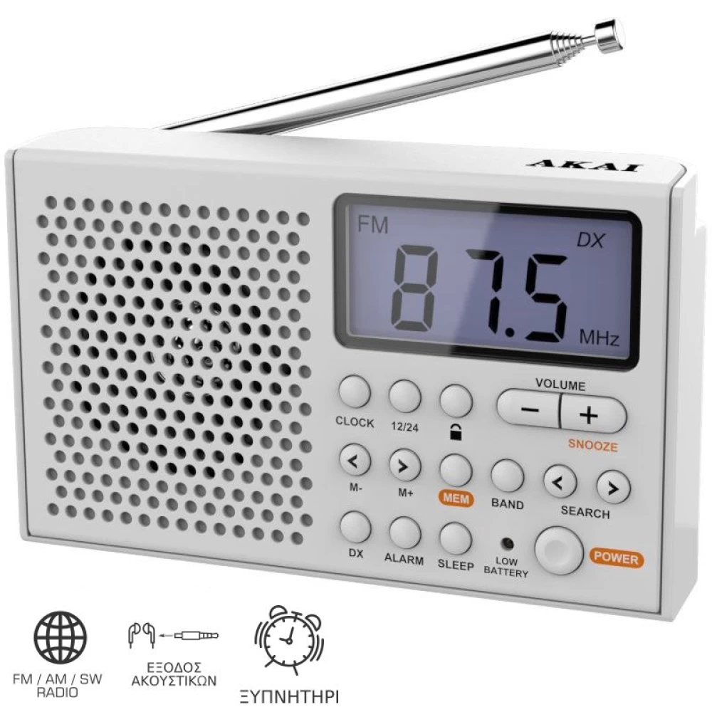 Λευκό Φορητό ραδιόφωνο παγκοσμίου λήψεως με οθόνη και ρολόι Akai AWBR-305