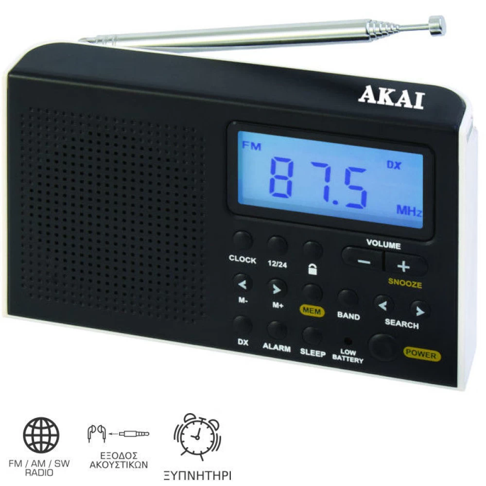 Φορητό ψηφιακό ραδιόφωνο παγκοσμίου λήψης με οθόνη και ρολόι Akai AWBR-305