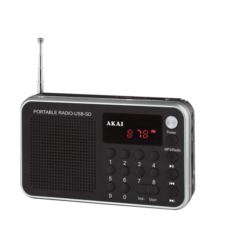 Μαύρο Φορητό ψηφιακό ραδιόφωνο με USB, κάρτα SD και Aux-In Akai DR002A-521