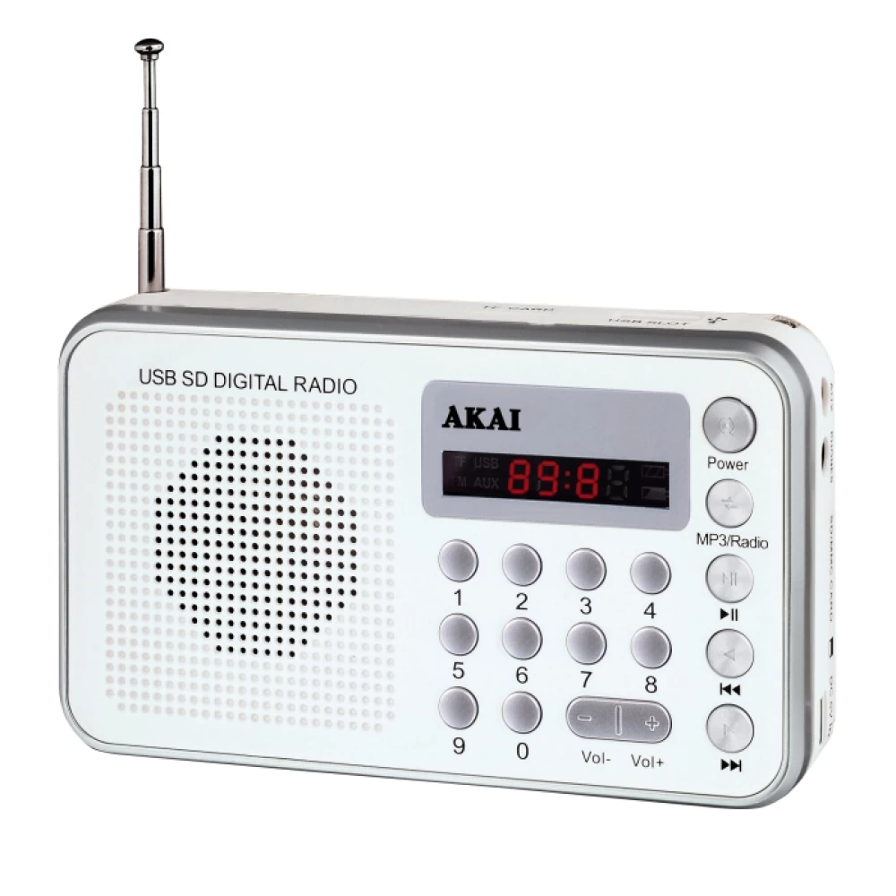 Λευκό Φορητό ψηφιακό ραδιόφωνο με USB, κάρτα SD και Aux-In Akai DR002A-521