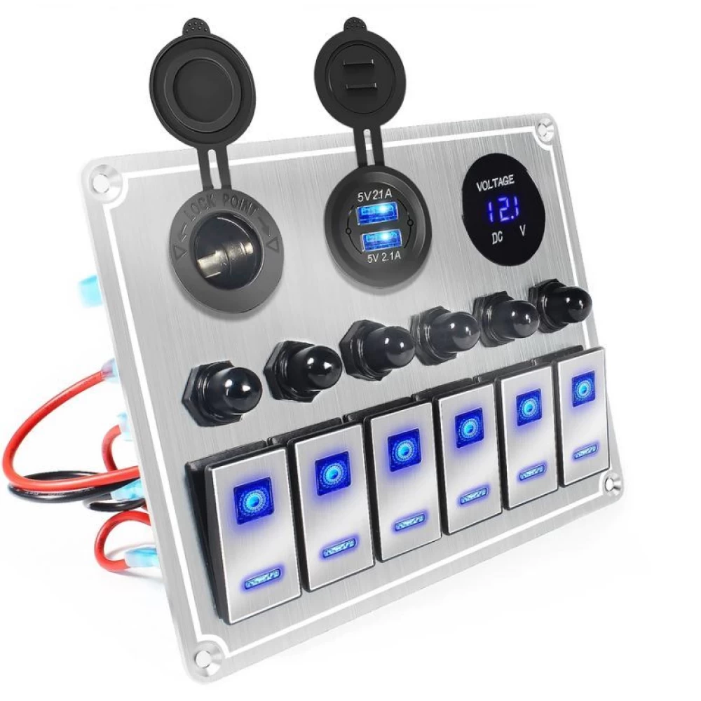Πολυλειτουργικός πίνακας ελέγχου Panel αλουμινίου με Διακόπτες – Βολτόμετρο – USB – Αναπτήρα 12/24V LEEPE R2 – Μπλέ