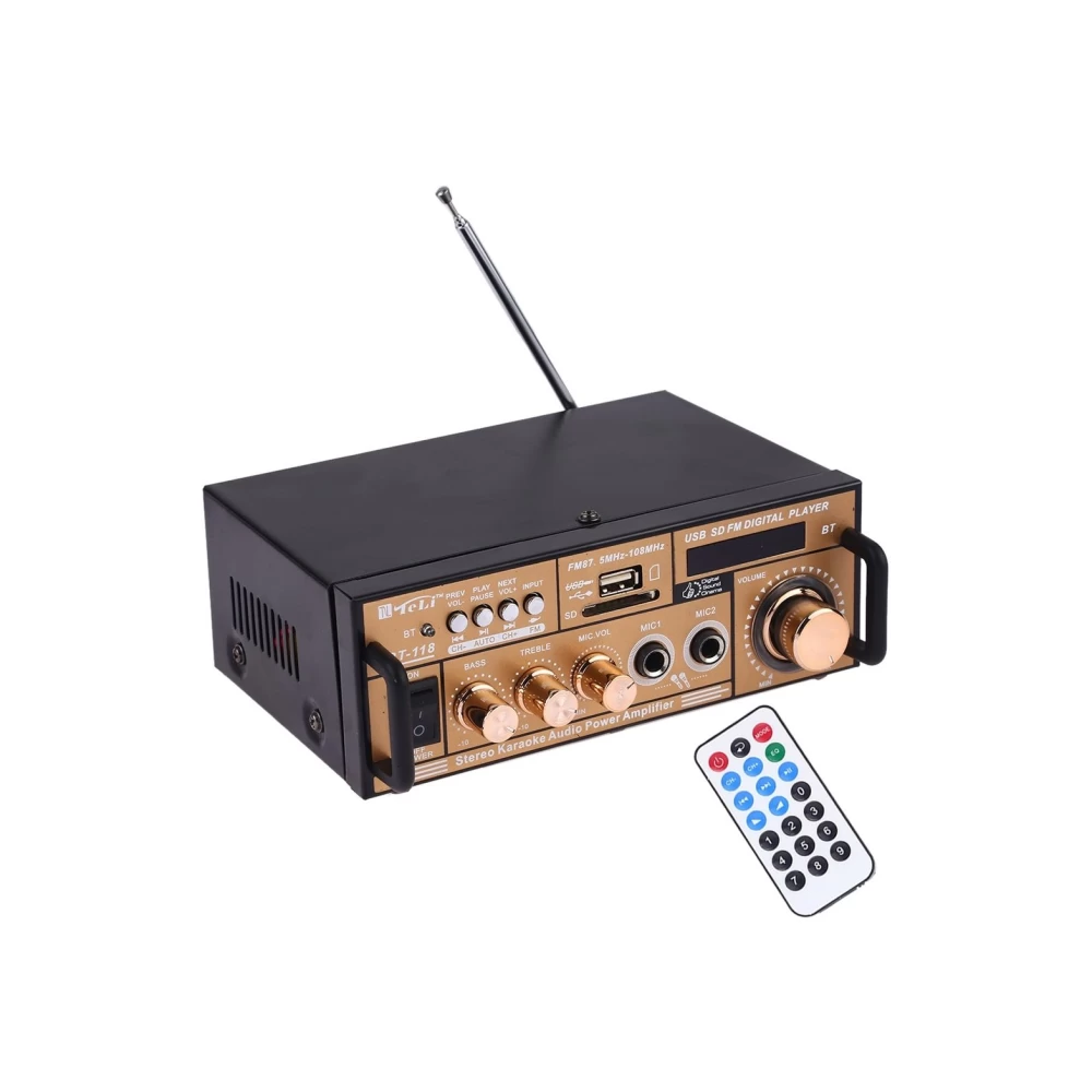 Στερεοφωνικός ενισχυτής ήχου με τηλεχειριστήριο, οθόνη LED, USB / SD και MMC / MP3 / AUX / FM, AC 220V / DC 12V Bluetooth HiFi 