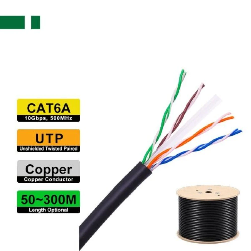 Κουλούρα καθαρός χαλκός Conductor,PET, 300m, Black Color PE outsheathed, with wooden roll   CAT6A-CU300P CAT 6A UTP 